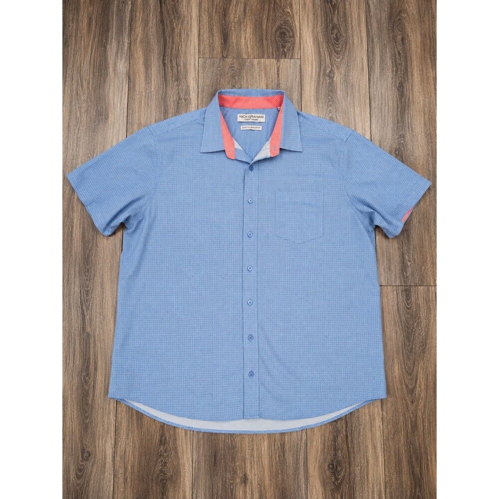 Nick Graham Mens 2XL Blue Geometric Short Sleeve Stretch Modern Fit Shirt